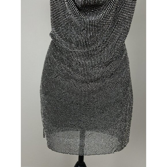 Rhinestone Chainmail Side Slit Sexy Mini Dress Silver & Black Party Size S/M - Picture 12 of 16